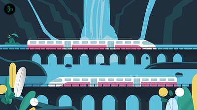 Train by the Waterfall🎨✨ abstract adobe illustrator character design digital art gradient hand drawn illustration art nature social media startup ui design vector art