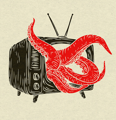 TV monster art beast draw grunge illustration monster octopus print tattoo tentacles tv vector vintage