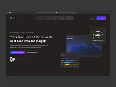 Dark-Themed Health & Fitness Tracker Hero Section darkmode darktheme datavisualisation fitness fitnesstracker healthtech herosection landingpage productdesign ui uidesign uiux userexperiece visualdesign webdesign website wellness