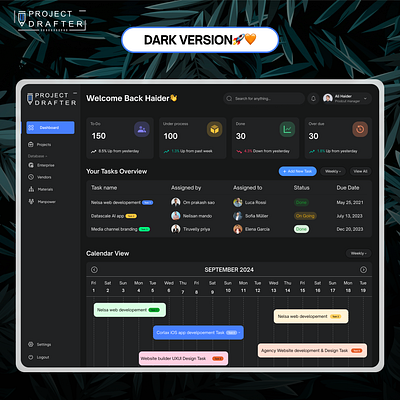 Task Management Dashboard - Dark & Light Version - UX/UI Design dark version dashbaord design figma figma design saas project task task dashbaord task management dashboard task management ui team management dashboard uxui website website design