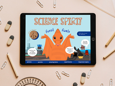 Science Spirit children coal design for kids digital magazine dinosaur editorial design edtech educational magazine energy epublishing fossil fuels gamification gas interactive publication layout quiz school science student book tablet