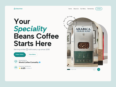 Daily Grind - Coffee Beans Header ☕️ clean coffee coffee beans coffee packaging coffee shop green header landing page ui design user interafce web design