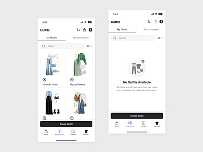 Outfits - Listing & Empty Screen closet design empty screen empty state ios mobile app outfit ui ui design ux ux ui