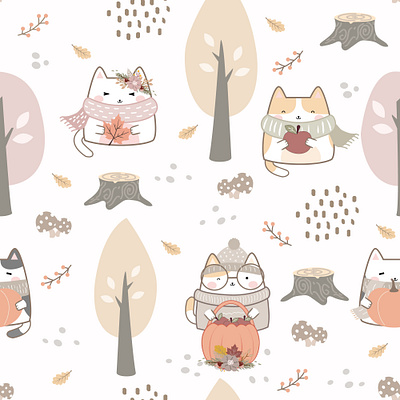 Pastel Autumn Cat Seamless Pattern design illustration