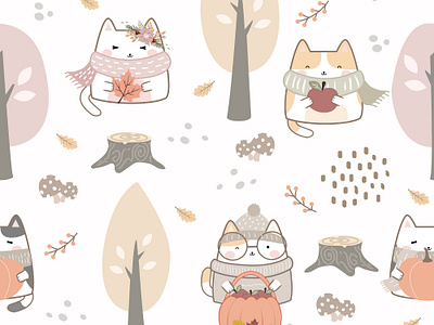 Pastel Autumn Cat Seamless Pattern design illustration