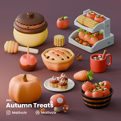 Autumn Treats 3d Icons 3d 3d art 3d icon 3d illustration 3d stylized autumn autumn event blender crops custom 3d food fruits illustration ui ui illustration uiux website