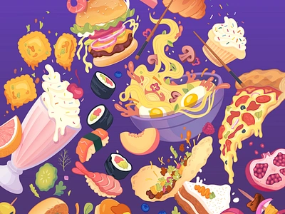 Food Food, Wonderful Food burger cake colorful delicious eat food illustration pizza ramen restaurant sushi taco vector yum