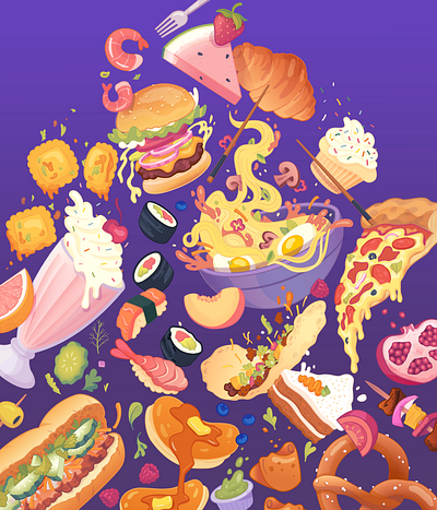 Food Food, Wonderful Food burger cake colorful delicious eat food illustration pizza ramen restaurant sushi taco vector yum