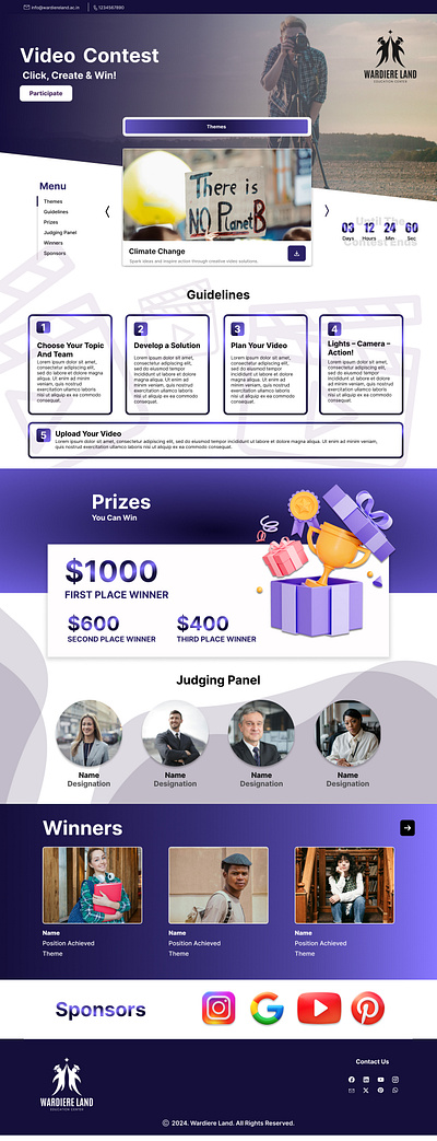 Video Contest Web Page competition contest design figma frontend illustrations judges navbar prize sponsors time typography ui uiux ux vector webpage website winner