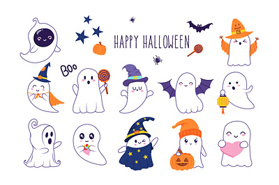 Halloween Cute Ghosts 31 october autumn bat boo character collection cute funny ghost graphic design halloween holiday illustration party pumplin set spirit vector web wizard