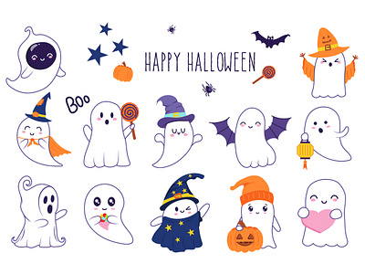 Halloween Cute Ghosts 31 october autumn bat boo character collection cute funny ghost graphic design halloween holiday illustration party pumplin set spirit vector web wizard