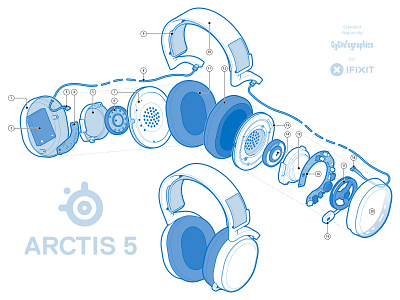 Exploded Headphones adobe illustrator device diagram diy exploded view gamer gaming headphones ifixit instructional design isometric isometric art music repair sound systematic design technical drawing technical graphics technical illustration vector graphics