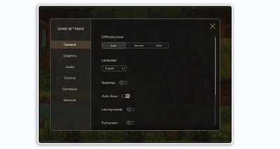 Game Settings – Daily UI Challenge #004 007 brownui daily daily ui daily ui 7 dailyui darkgame darkui figma game settings game ui gamedesign gamesetting graphic design pcgame settings settingsmenu ui userinterface videogames