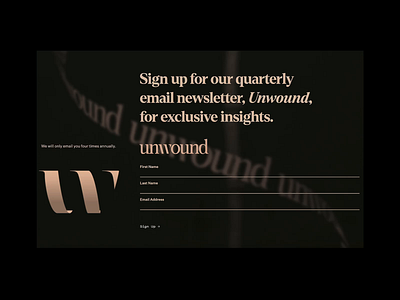 Unwound Email Newsletter Landing Page after effects animation arkansas branding cta design hunter oden landing page lottie madeinwebflow newsletter typography unwound web design webflow