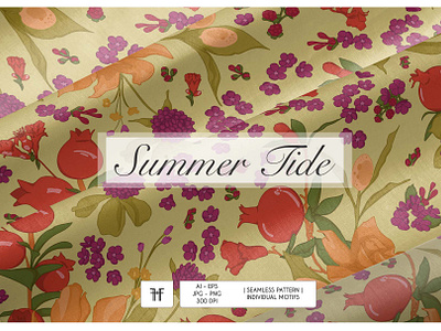 Summer Tide | Vector Floral Seamless Pattern + Motifs botanicalart branding creative product feminine design floral clipart floral graphics floral illustration fruit fruit illustration illustration lemons modern florals modern pattern nature pomegranate realism repeat pattern seamless pattern summer print textile