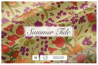 Summer Tide | Vector Floral Seamless Pattern + Motifs botanicalart branding creative product feminine design floral clipart floral graphics floral illustration fruit fruit illustration illustration lemons modern florals modern pattern nature pomegranate realism repeat pattern seamless pattern summer print textile