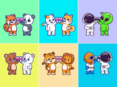 Cheers🥂🐱🦁🧑🏻‍🚀 alien animals astronaut bear branding cat character cheers cute diver doodle drink flat friendship icon illustration lion logo panda tiger