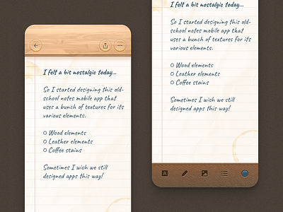 Skeuomorphic Notes App app design leather mobile notes texture ui ux wood writing