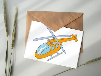 A simple orange helicopter with blue windows propellers