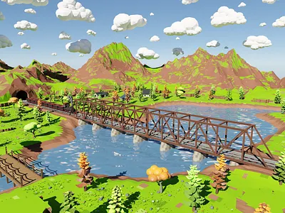 Mountain Village With Train 3D model 3d 3dmodel art blender3d bridge environment exterior flower forest game gazebo grass house landscape lowpoly mountain river tent train tree