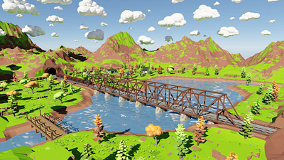 Mountain Village With Train 3D model 3d 3dmodel art blender3d bridge environment exterior flower forest game gazebo grass house landscape lowpoly mountain river tent train tree