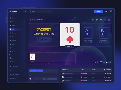 Casino Dashboard Design - Hilo Page betting casino casino dashboard casino interface casino online casino website casino hilo coinflip crash crypto casino crypto casino interface gambling game ui hilo page mine sports web casino