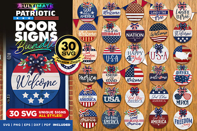 30 Patriotic Round Sign SVG Bundle 4th of July Door Hanger 3d animation branding graphic design logo motion graphics ui