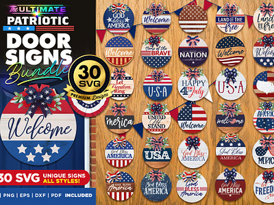 30 Patriotic Round Sign SVG Bundle 4th of July Door Hanger 3d animation branding graphic design logo motion graphics ui