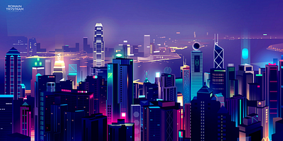 Hong Kong skyline branding city design futur illustration light neon retro trystram ui