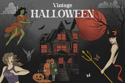 Vintage Halloween. Hand draw retro illustration dark graphic halloween hand draw horror posters retro scary spooky vintage