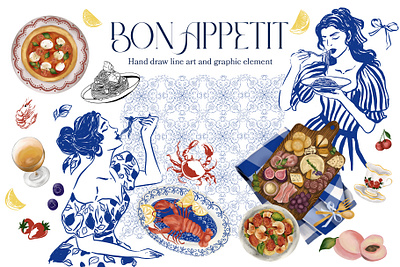 Bon Appetit. Hand draw and line art graphic. bon appetit branding food frash graphic hand draw illustration italy pasta pizza poster tile woman