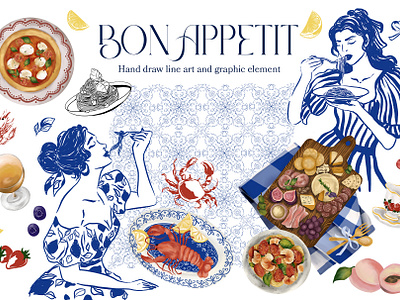 Bon Appetit. Hand draw and line art graphic. bon appetit branding food frash graphic hand draw illustration italy pasta pizza poster tile woman