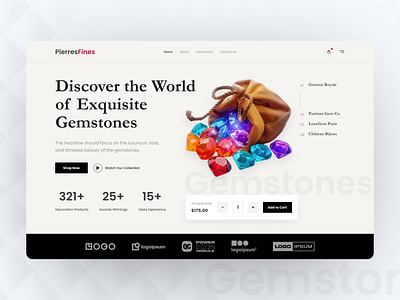 Pierres-Gemstone Website Design branding collection customers discover e commerce gemstone jewellery landing page luxrious product marketplace modern products online shop shop stone top selling