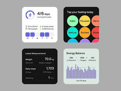 Widget exploration - Part 4 balance counter emotion energy feeling measurement nutrition running step uiux visual design weight widget workout