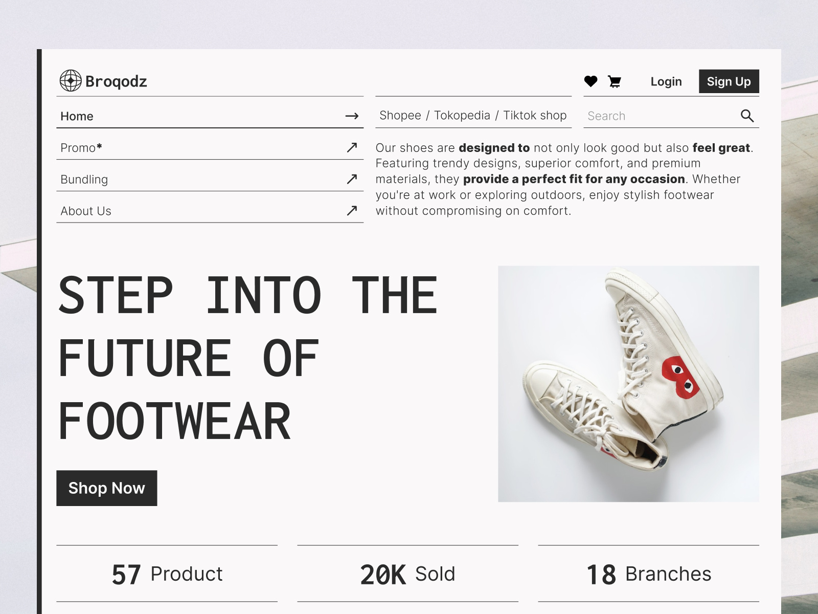 Broqodz - Footwear Store Homepage app branding creative design exploration fashion figma foot wear landing landing page layout platform product shoes sneaker store transaction ui web web design
