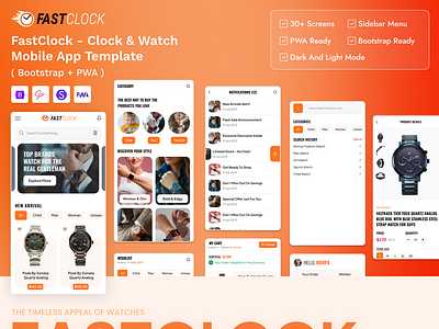 FastClock - Clock and Watch Mobile App Template (Bootstrap +PWA) 3d animation branding creative design graphic design illustration logo mobile app template motion graphics product design template ui ui design uiux user experience user interface web design web development website