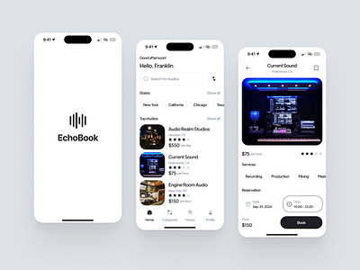 Studio Booking App app design black and white product design studio booking ui ui design uiux user interface ux visual design