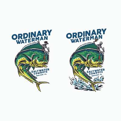 Ordinary Waterman branding cowboy design dolphin fish fishing graphic design hand drawn design hand drawn graphic illustration illustration vintage logo design mahi mahi ordinary waterman print tshirt skeleton vintage logo