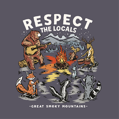 Respect The Locals animals bear branding camp fun campfire deer design fox graphic design hand drawn design hand drawn graphic hand drawn illustration illustration illustration vintage tshirt graphic