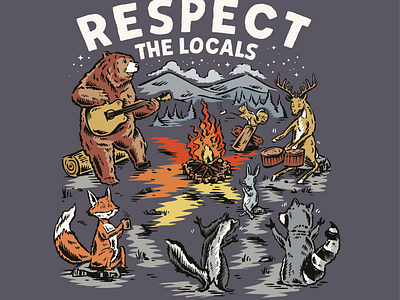 Respect The Locals animals bear branding camp fun campfire deer design fox graphic design hand drawn design hand drawn graphic hand drawn illustration illustration illustration vintage tshirt graphic