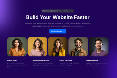 Dark Landing Hero Section for Framer - Frameblox UI avatars cta dark features header headline hero landing page section ui ux webdesign website