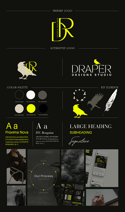 Brand Board for Draper Designs Studio - Tampa, FL brand board branding color palette creative studio graphic design icons illustrations logo logo design mood board typography visual identity