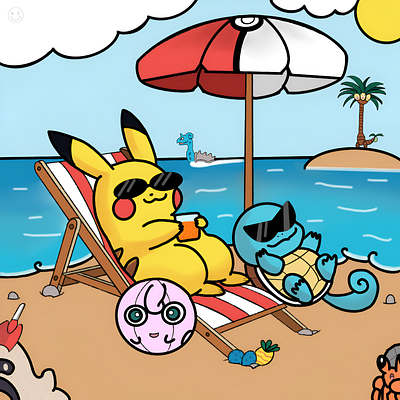 Pikachu and Squirtle relaxing on the beach digital art doodle drawing illustration pikachu pokemon squirtle