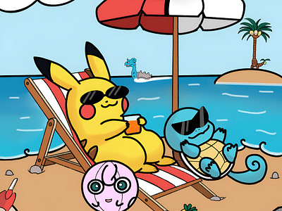 Pikachu and Squirtle relaxing on the beach digital art doodle drawing illustration pikachu pokemon squirtle