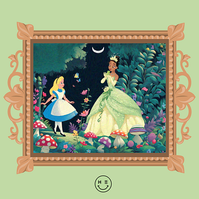 Alice and Tiana alice alice in wonderland cheshire cat digital art disney graphic design illustration princess tiana the princess and the frog tiana