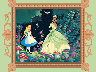 Alice and Tiana alice alice in wonderland cheshire cat digital art disney graphic design illustration princess tiana the princess and the frog tiana