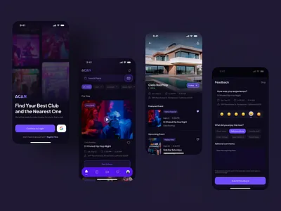 Acan - Night Club & Bar app app ui apps bar bar app branding dark mode dark ui desain design logo modern ui night club night club app night mode ui ui inspiration uiux ux uxui