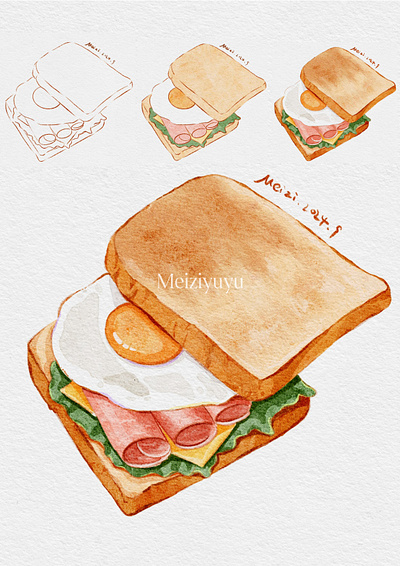 🍳🍞Fried egg sandwich on toast freehand painting graphic design inset