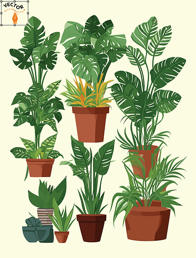 Vector set of Plants tropical indoor potted elements for home graphic design