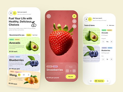 Online Fruit-Shopping App UI/UX Design alif app card cart design details fruit glass home landing mobile modern new page shop ui ui ux design ux